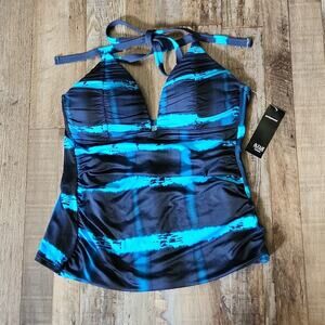 a.n.a Women's Blue Halter Style Swimsuit Top Size 6 Padded Ruched Abstract